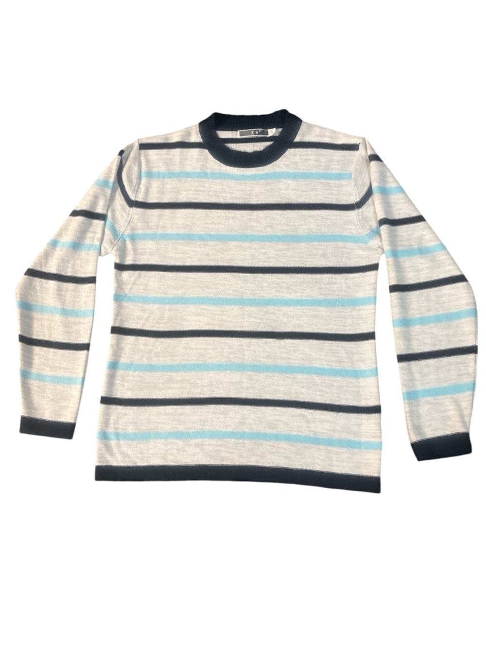 Men's Cream Striped Crewneck Sweater with Blue and Black Accents